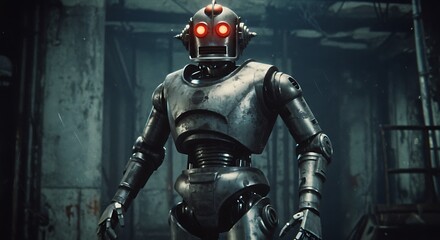 A metallic robot with glowing red eyes stands in a dimly lit, industrial-looking environment.