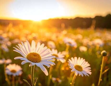 A field of daisies bathed in golden sunset light