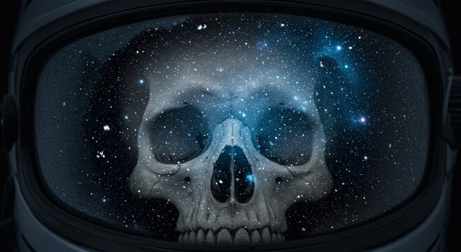 3D concept art of a skull reflected inside an astronaut helmet visor with a starry cosmos view. Ideal for sci-fi horror, dark space illustrations, and mysterious cosmic storytelling.