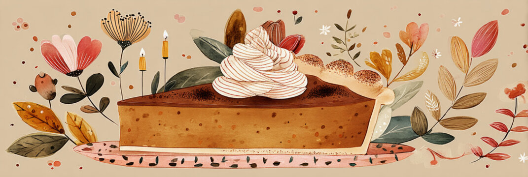 Delight in the warm flavors of pumpkin pie adorned with whipped cream and surrounded by vivid autumn leaves and flowers, capturing the essence of fall festivities, banner