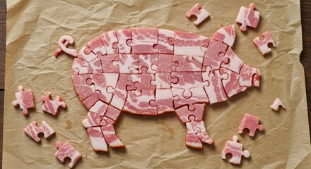 Creative concept of a pig silhouette assembled from raw bacon pieces cut like jigsaw puzzle parts on parchment paper. Ideal for food art, culinary design, and humorous meat industry or restaurant visu