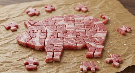 Creative concept of a pig silhouette assembled from raw bacon pieces cut like jigsaw puzzle parts on parchment paper. Ideal for food art, culinary design, and humorous meat industry or restaurant visu