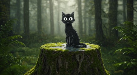 A wide-eyed black cat sits perfectly centered on a moss-covered tree stump while gentle rain falls in a misty enchanted forest, producing a mysterious and atmospheric scene suitable for fantasy, Hallo