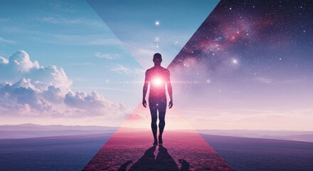 A human silhouette stands above the clouds at sunset with a bright radiant light bursting from the heart center, framed by a cosmic triangle portal against a dreamy purple-pink sky, symbolizing spirit