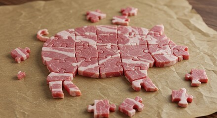 Creative concept of a pig silhouette assembled from raw bacon pieces cut like jigsaw puzzle parts on parchment paper. Ideal for food art, culinary design, and humorous meat industry or restaurant visu