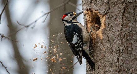 Fototapeta premium Close up of a woodpecker hitting a tree trunk, wooden chips flying around, captured in perfect sharpness and natural colors.