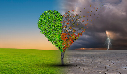 Tree in an imaginary landscape in climate change from drought to green growth