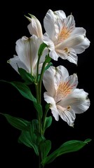 Delicate, off-white alstroemeria flowers stand out against a pure black background, showcasing intricate details and soft light.