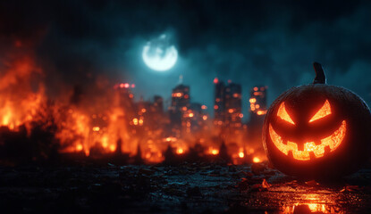 Fototapeta premium A spooky jack-o'-lantern glows ominously in the foreground, with a burning city skyline and a full moon in the dark, eerie background.