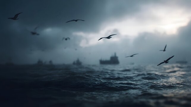 Seagulls fly over cargo ships on a rough dark ocean under moody overcast skies evoking a dramatic maritime atmosphere