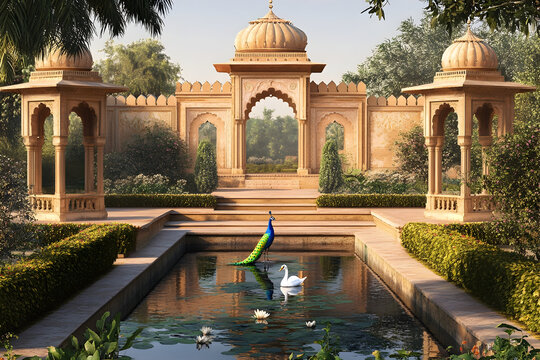 Romantic indo-persian courtyard with arched sandstone structures in a serene garden setting