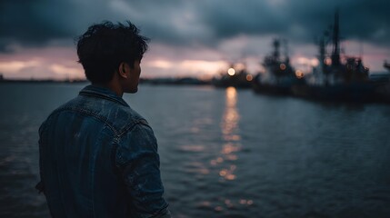 Man in denim jacket observes ships in a tranquil harbor during twilight with soft lights reflecting on the water