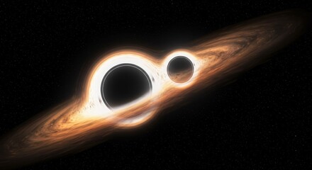 A dramatic space illustration showing two black holes side by side, encircled by a single luminous accretion disk. The glowing golden plasma ring creates an infinity-like shape, highlighting the immen