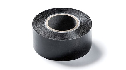 Close up of a roll of black textured tape on a white background
