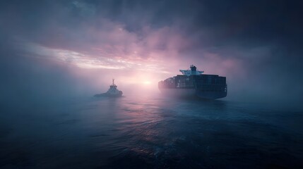 Obraz premium A large container ship navigates through thick mist with a tugboat s assistance at sunrise