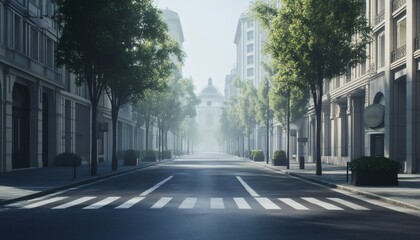 Fototapeta premium The illustration shows a long, empty street lined with tall buildings and trees, with fog in the background.