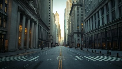 The sun rises over a long, empty urban street, lined with tall buildings and classical architecture, showcasing a calm, quiet atmosphere.