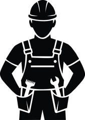Silhouette of a construction worker wearing a hard hat and overalls holding tools