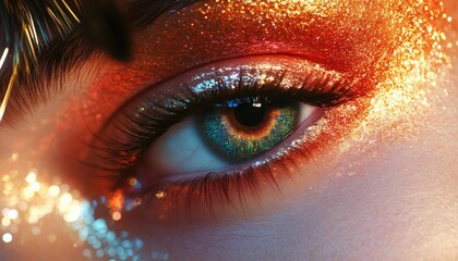 The image shows a detailed view of a woman's eye, which is accentuated by vibrant orange and gold glitter eyeshadow and a sparkling, iridescent contact lens.