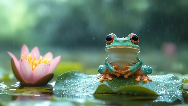 A cheerful, vibrant tree frog sits amidst a gentle rain shower on a water lily pad, surrounded by a serene, tranquil pond.
