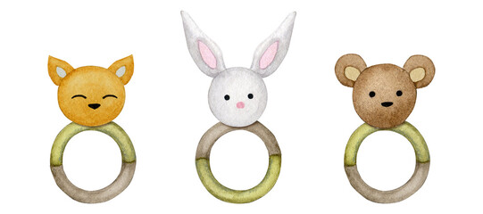 Obraz premium Set of rattles. Baby toys. Hand drawn watercolor illustration.Design elements of baby pattern, greeting card, baby shower invitation, birthday, kids party, baby birth.