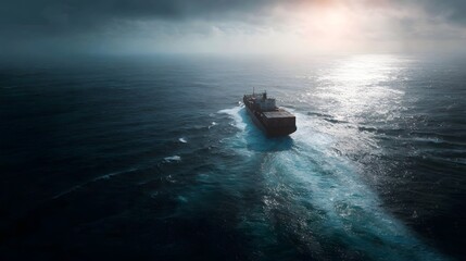 A large cargo ship sails through rough dark ocean waters under a dramatic sky with sunlight breaking through clouds