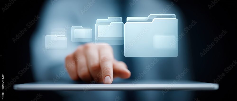 Aufkleber digital interface for file management with iconic folders appearing in a virtual environment