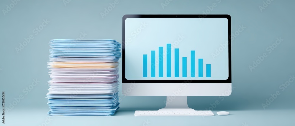 Aufkleber modern desktop computer displaying growth chart next to stack of organized paper files for business 