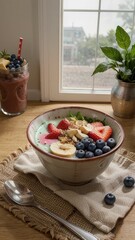 Smoothie bowl with fruit toppings sits on a cloth next to a smoothie drink