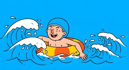 Joyful cartoon of an elderly person swimming with a colorful inflatable in a wavy sea