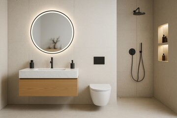 Minimalist bathroom interior with floating vanity, round LED mirror, wall-mounted toilet and modern shower design in neutral tones. Ai generative. Ai generative