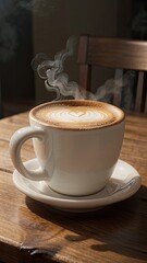 Steaming cappuccino with heart design on wooden table cup on saucer