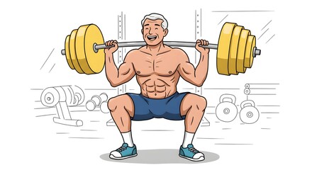 Fit and active senior man performing a barbell squat exercise in a gym, showcasing strength and vitality