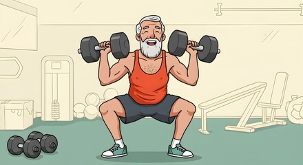 Happy senior man with a beard performing squats with dumbbells in a gym, demonstrating active aging, strength, and commitment to a healthy lifestyle and fitness