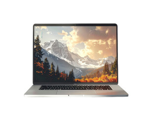 A silver laptop computer displays a serene landscape image of mountains and trees under a golden sunset.