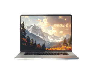 A silver laptop computer displays a serene landscape image of mountains and trees under a golden sunset.