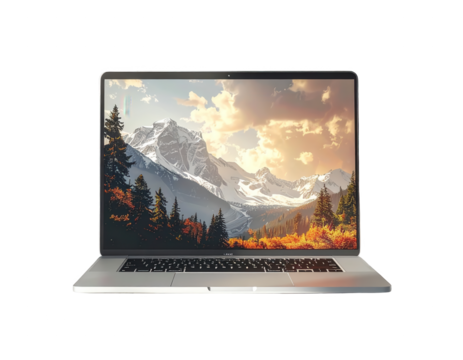 A silver laptop computer displays a serene landscape image of mountains and trees under a golden sunset.