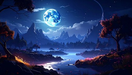 Naklejka premium A serene night landscape with a large moon