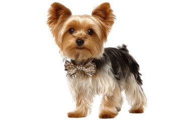 Adorable Yorkshire Terrier puppy wearing a stylish bow tie, standing against a transparent background. background removed