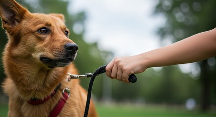 Loyal dog eagerly awaits walk, held by gentle hand on leash outdoors