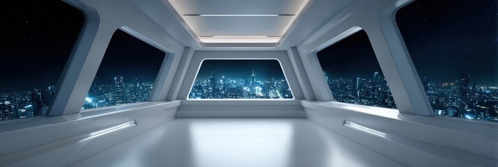 Obraz premium Futuristic Interior Room with Panoramic View of a City Skyline at Night from a Sci-Fi Perspective