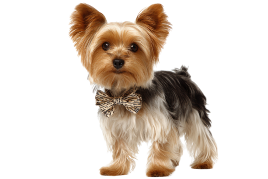 Adorable Yorkshire Terrier puppy wearing a stylish bow tie, standing against a transparent background. background removed