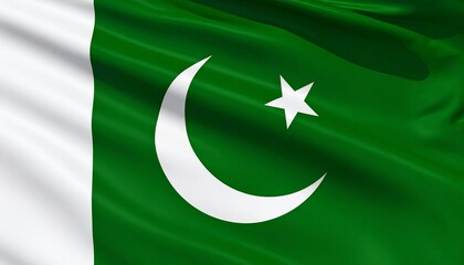 National flag of Pakistan with white crescent and star on green field beside vertical white stripe, symbolizing unity and heritage.