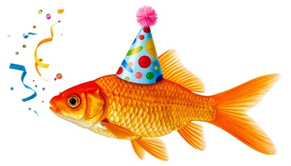 A fish wearing a party hat amidst confetti