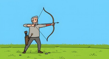 A focused older man practices archery outdoors. He is aiming a traditional bow and arrow in a green field, representing skill and dedication in a classic recreational sport