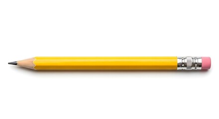 A single, bright yellow pencil with a pink eraser lies horizontally against a plain white background.