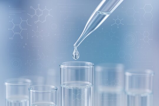 Laboratory pipette dropping liquid into test tube with scientific molecular structures on blue background in futuristic digital science concept. Ai generative