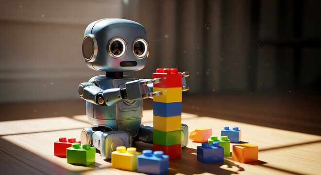 A Cute Robot Playing with Building Blocks. 