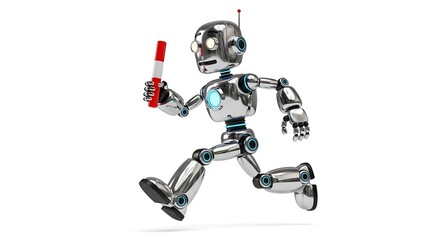A futuristic robot gracefully running while holding a baton. 
