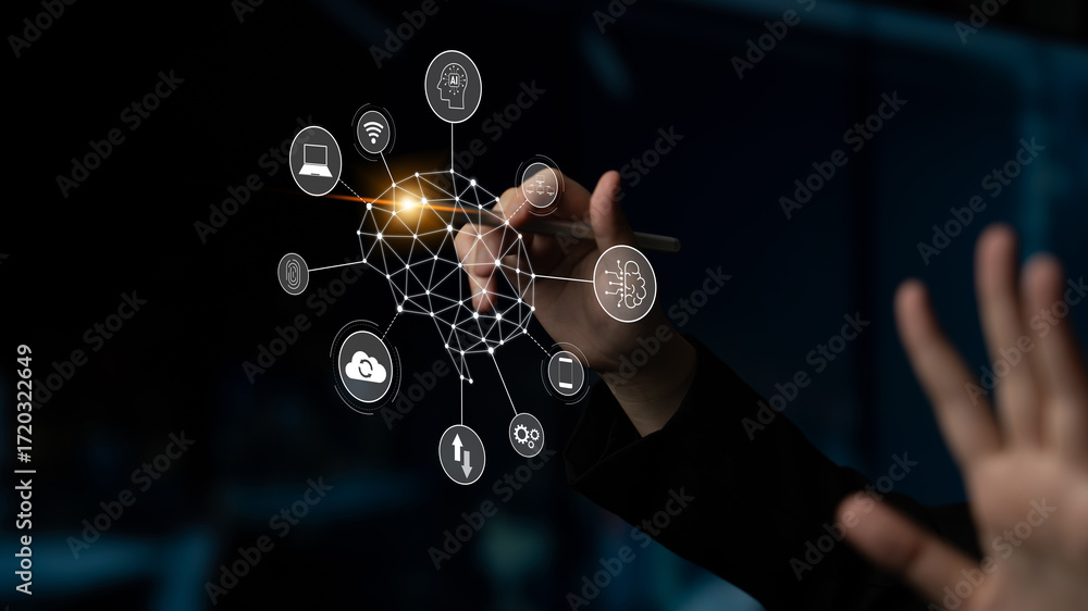 Poster a visual of artificial intelligence network connecting ai, network, and system across a structured d